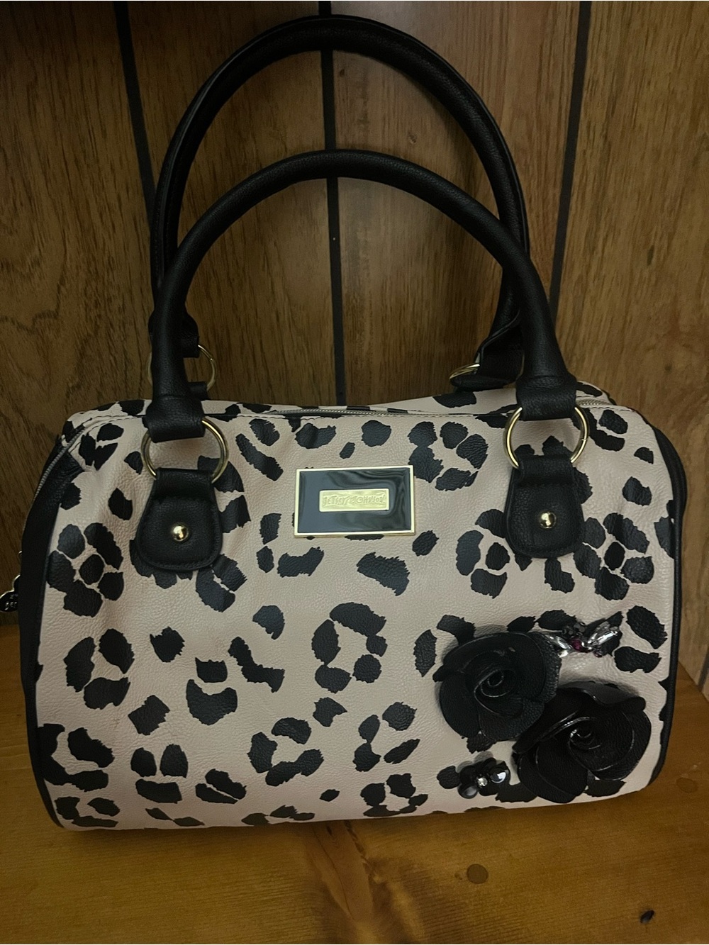 Betsey Johnson Black and Beige Leopard Print Satchel with Floral Accent